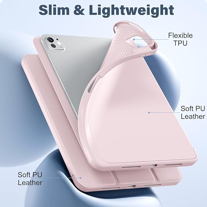 Akkerds for iPad Pro 11 Inch Case (M5/M4) 2025/2024 6th/5th Generation with Pencil Holder, for iPad Pro Case 11 Inch with Trifold Stand Protective Cover/Soft TPU Back, Auto Wake/Sleep, Pink