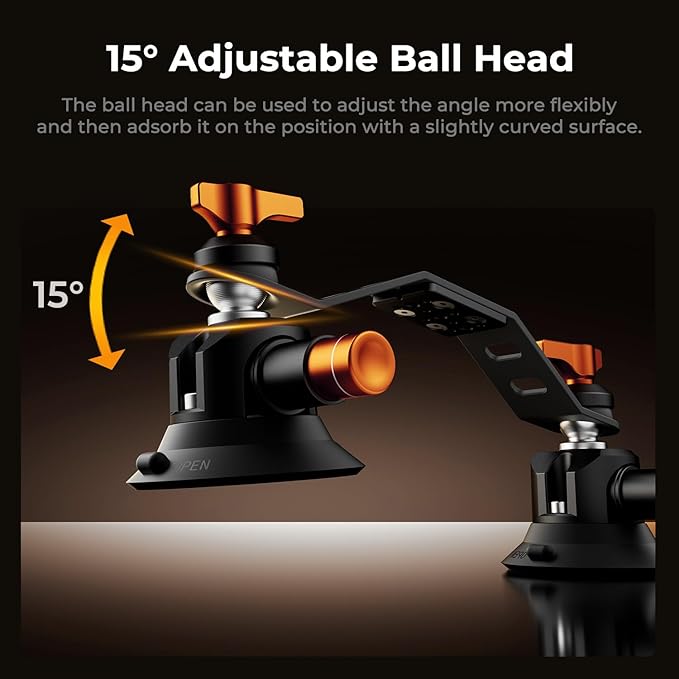 K&F CONCEPT Triple Suction Cup Car Mount for Camera, Heavy Duty 3-in-1 Kit with 15° Curved Surface Adjustment, Extension Pole & Phone Holder, Compatible with Insta360 X5/X4 GoPro DJI Action 5/4/3/2