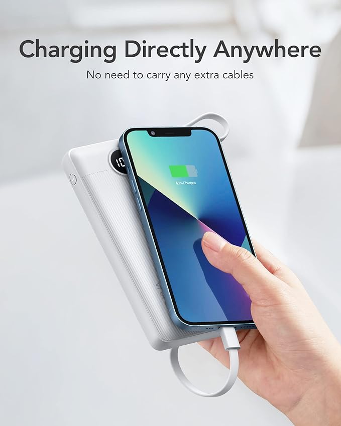 VRURC Portable Charger Built in Cables, Slim Power Bank 10000mAh, Multi Devices Charging Bank with Lanyard, USB C Battery Pack 5 Outputs for iPhone 17 Pro 17 16 15 14 13, Samsung Phones-White(1 Pack)