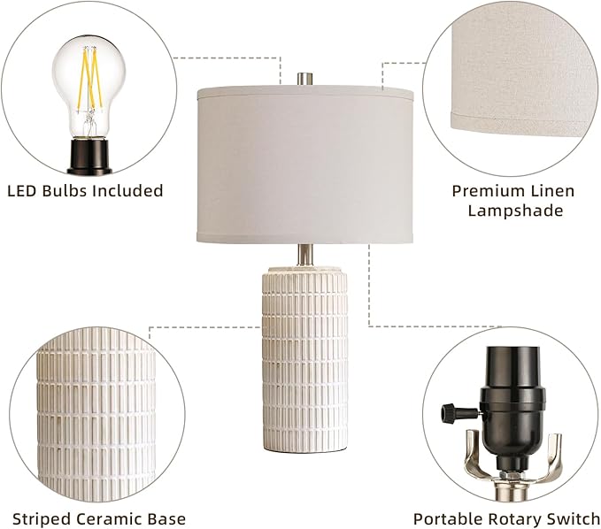 AIEAMPDO 23'' Set of 2 Modern Ceramic Table Lamps for Living Room Bedroom, Nightstand Farmhouse Beige White Desk Lamp for Bedside End Table Entryway, 2 LED Bulbs Included