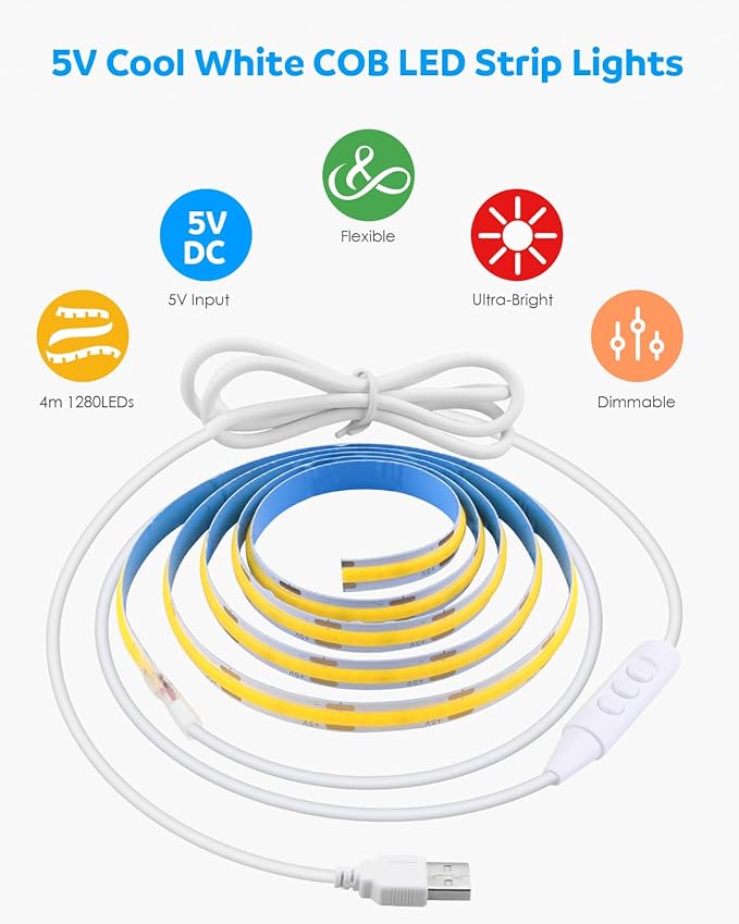 Aclorol 5V COB LED Strip Lights 13.12ft Dimmable LED Tape Light with 1.5M USB Cable 6000K Cold White Dotless LED Strip for Mirror 3D Printer TV Backlight Under Cabinet Lighting Projects 320LEDs/M