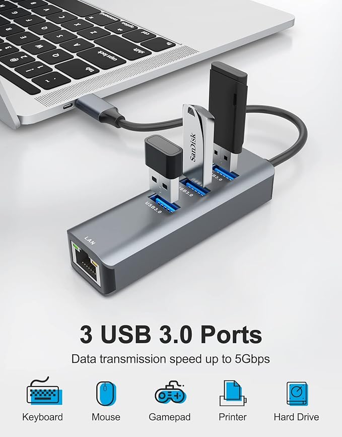 ABLEWE USB C to Ethernet Adapter, 4-in-1 RJ45 to USB-C/Thunderbolt 3 to Gigabit Ethernet LAN Network Adapter for MacBook Pro/Air 2023/2024, iPad Pro, iPhone 15/16 Pro/Max, Chromebook, XPS,Surface Book