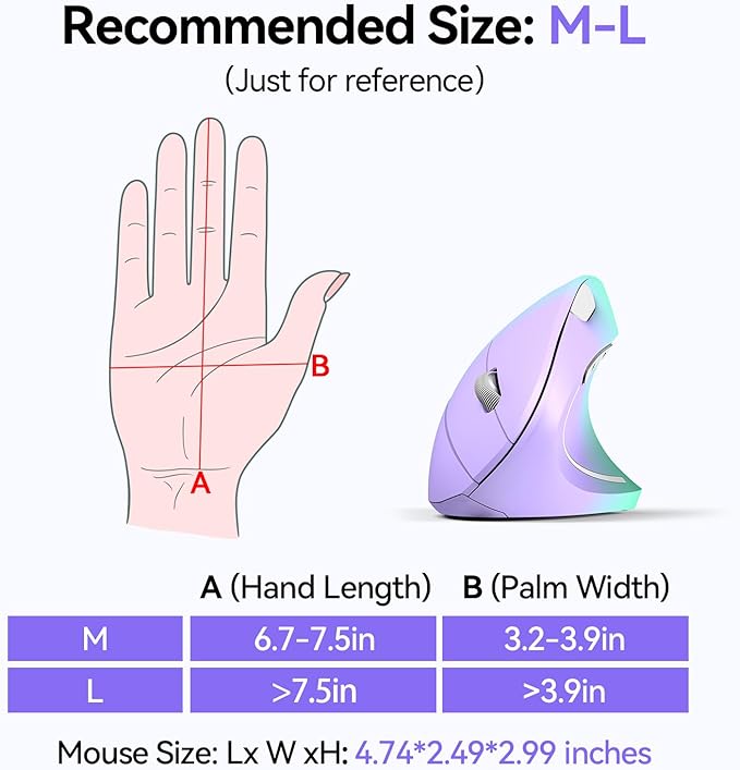 TECKNET Ergonomic Mouse, Wireless Bluetooth Vertical Mouse, 4800 DPI Optical Tracking, 6 Adjustable DPI, Quiet Clicks, 2.4GHz with USB A Receiver, 12 Months Battery, 6 Buttons, Wide Compatibility
