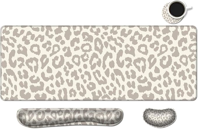 MIBITRI Keyboard Mouse Pad Set, Extended Gaming Mouse Pad+Ergonomics Keyboard Wrist Rest Support, Memory Foam, Easy Typing Pain Relief, 4Pcs XXL Ultra Thick Desk Mat, Leopard Print