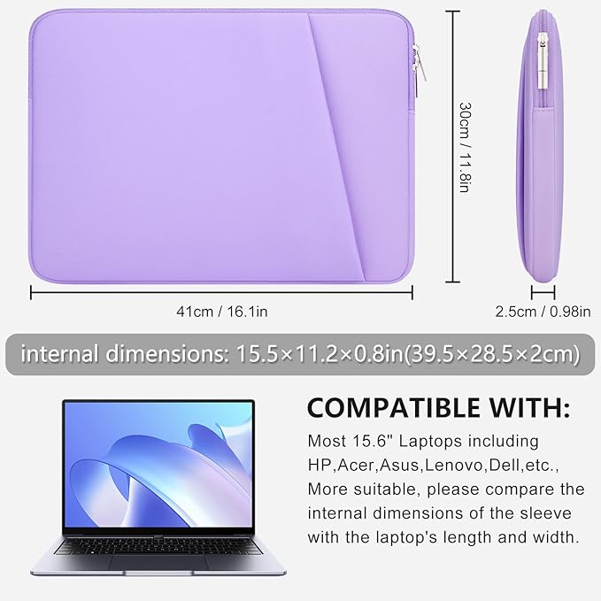 Laptop Sleeve Case with Zipper Accessory Pocket Compatible with 15.6 inches HP Dell Lenovo Asus Acer Padded Computer Pouch Cover Shockproof Protective for 15.6" Laptop/Chromebook/Tablet,Purple