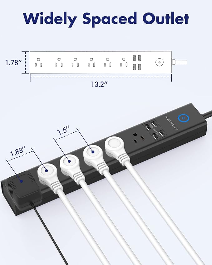 15 Ft Power Strip Surge Protector, 6 Outlets and 4 USB Ports, Flat Plug Power Strips Long Extension Cord with Overload Protection, Wall Mount for Home, Office, Dorm, ETL Listed