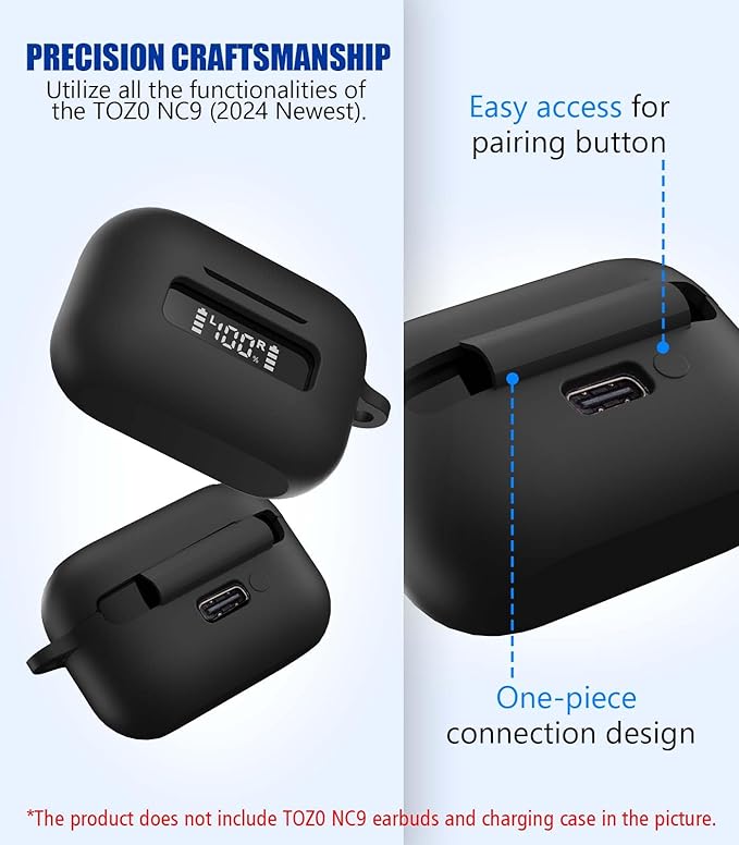 for TOZ0 NC9(2024) Case Cover, Silicone Protective Battery Display Visible Design Cover ONLY for TOZO NC9 Hybrid Active Noise Cancelling Wireless Earbuds 2024 Version with Carabiner-Black