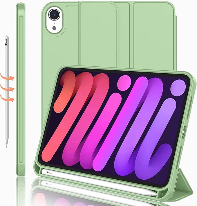 iMieet iPad mini 7 Case 2024 (A17 Pro), iPad mini 6 Case (8.3-Inch,2021 Model), iPad mini 7th/6th Generation Case with Pencil Holder, Trifold Stand Smart Case with Soft TPU Back,Matcha Green