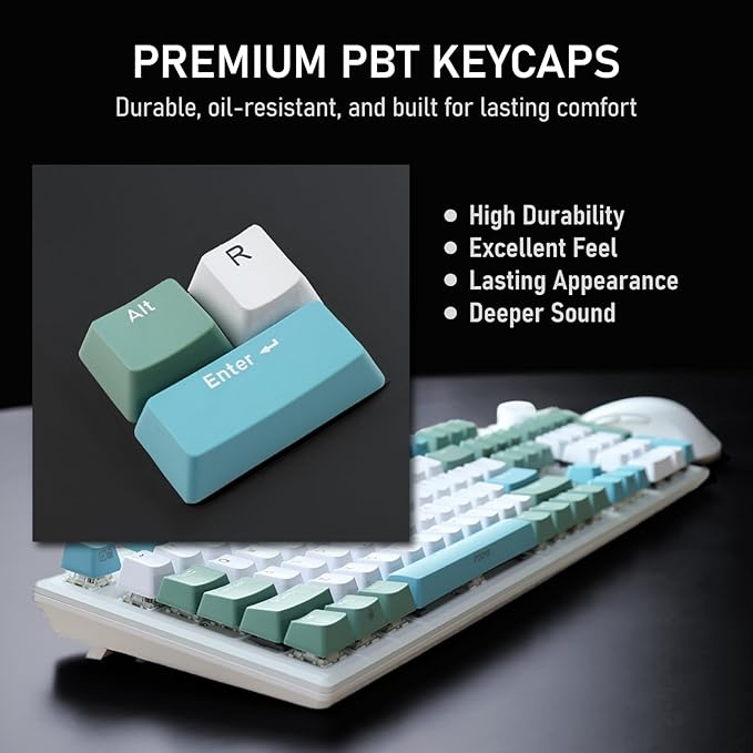 iRocks K74R Wireless RGB Illuminated Mechanical Gaming Keyboard, Hot-Swappable Switches, Easy-Clean Floating Design, PBT 107 Keys NKRO, Detachable USB-C Cable - Island Blue (Brown Switches)