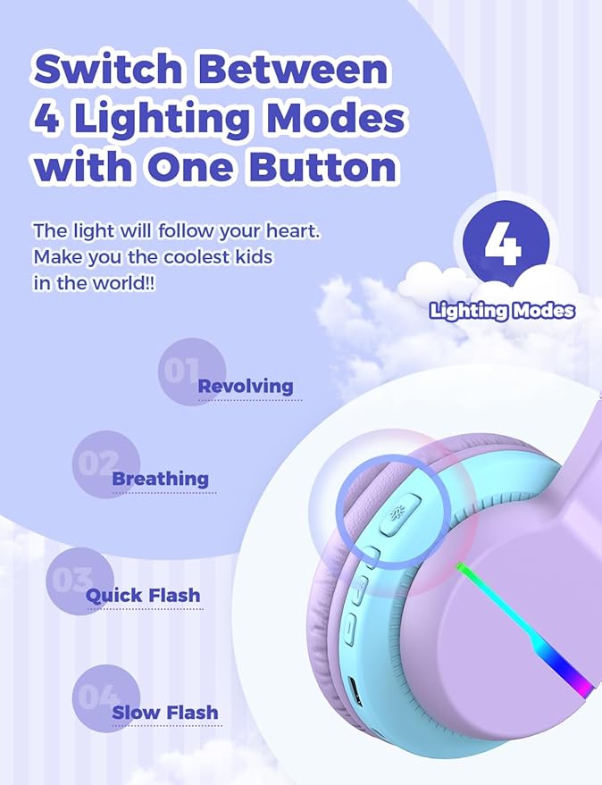iClever BTH12 Kids Bluetooth Headphones,Colorful LED Lights Kids Headphones Wireless,74/85dBA Safe Volume,85H Playtime,Fast Charging,Bluetooth 5.2,Over Ear,Built-in Mic for iPad/Tablet/Airplane,Purple