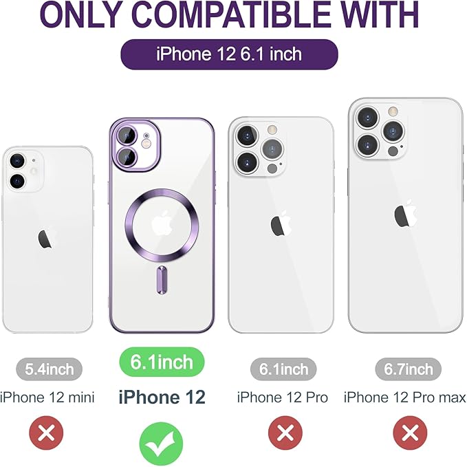 Hython Magnetic Clear for iPhone 12 Case with Camera Lens Protector [Compatible with MagSafe] Luxury Plating Edge Slim Soft TPU Cover Protective Phone Case for iPhone 12 6.1", Deep Purple