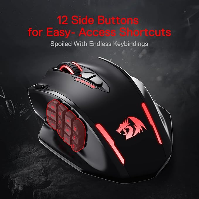 Redragon M913 Impact Elite Wireless Gaming Mouse, 16000 DPI Wired/Wireless RGB Mouse with 16 Programmable Buttons, 45 Hr Battery and Pro Optical Sensor, 12 Side Buttons MMO Mouse
