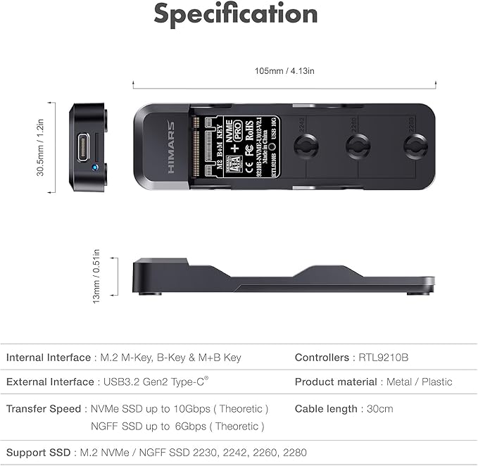 HIMARS M.2 NVMe & SATA SSD to USB-C Docking Station, 10Gbps Transfer Speed, Tool-Free Design (US-2593-10G)