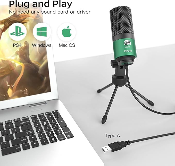 FIFINE USB Gaming Microphone for PC Desktop, PS4 and Mac, Gain Control, External Condenser Computer Mic for Streaming, Podcasting, Twitch, Discord, Green - K669G