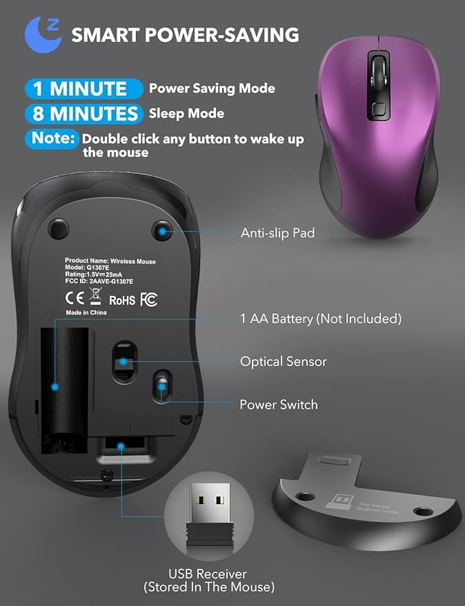 Trueque Wireless Mouse for Laptop, 2.4GHz Ergonomic Computer Mouse with Back & Forward Buttons, 3 Adjustable DPI Levels, 6 Buttons, Optical USB Cordless Mice for Windows PC (Purple, 1 Pack)