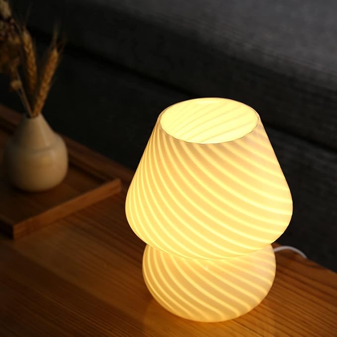 BSOD Mushroom Lamp,Glass Table Bedside Lamps Translucent Murano Vintage Style Striped Small Night Mushroom Decor Light Swirl for Ambient,Kids,Bedroom,Living,Girl Gift (Stripe White)