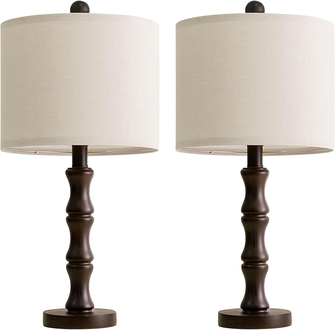 BOBOMOMO 20.5" Classic Table Lamps Set of 2, Farmhouse Nightstand Lamps with Dark Wood Grain Resin Base & Linen Shade, Small Bedside Lamps for Bedroom, Living Room, Home Office & Cozy Apartment Décor
