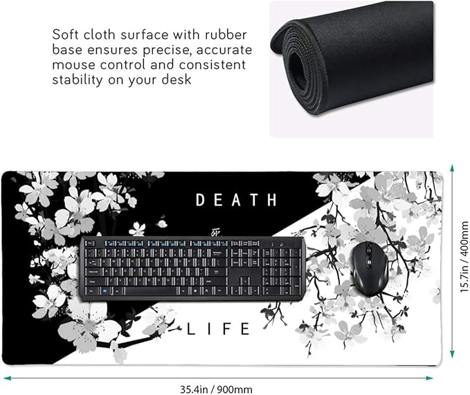 Black White Japanese Mouse Pad 35.4 X 15.7 Inch XXL Cherry Blossom Death Life Full Desk Mousepad Extended Large Non-Slip Rubber Base Big Keyboard Mat with Stitched Edges for Gaming and Office