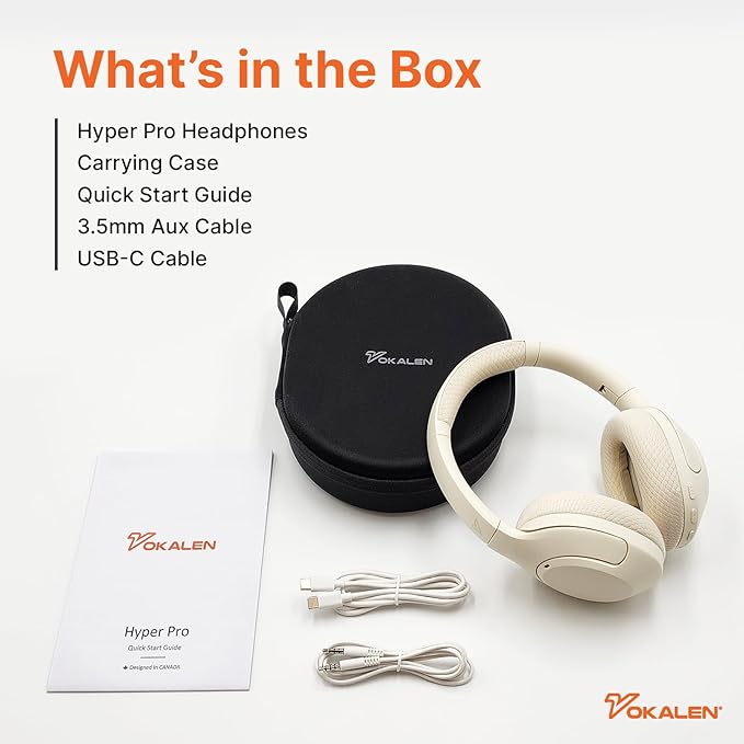 VOKALEN Hyper Pro Adaptive Active Noise Cancelling Headphones, Wireless Bluetooth Over Ear Headphones with mic, 60H Playtime, Comfort Fit Mesh Ear Cushions, Deep Bass Hi-Res Audio (Pro, Ivory White)