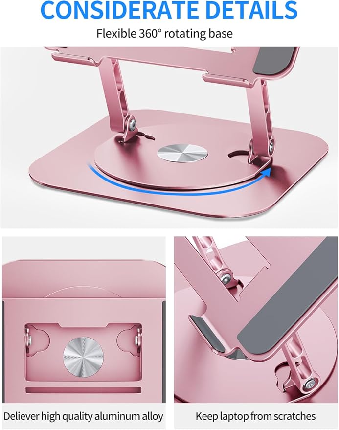 AOEVI Adjustable Laptop Stand with 360 Rotating Base, Computer Stand for Laptop Ergonimic Foldable Laptop Riser for Desk Compatible with MacBook Pro/Air Notebook up to 16 Inches,Pink