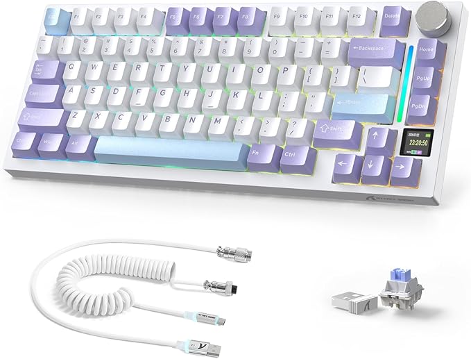 A.JAZZ Attack Shark X820Ultra 75% Wireless Mechanical Gaming Keyboard and Coiled Cable Hot Swappable 2.4GHz/Bluetooth/Wired Keyboard with Screen & Knob RGB Backlit Gasket Mount Shark Switch-Starwhite