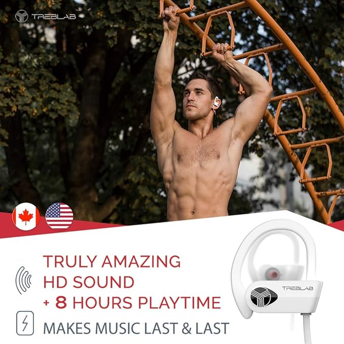 TREBLAB XR500 Bluetooth Running Headphones, IPX7 Waterproof, Noise Cancelling, Secure-Fit, Wireless Sport Earbuds with Mic