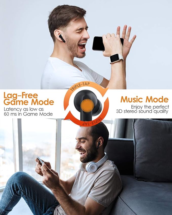 DTTO J-10 Active Noise Cancelling Earbuds with 60ms Low-Latency Game Mode, Wireless Charging Case Bluetooth 5.2 Auto-Pairing Touch-Enabled Voice-Assistant, Immersive Sound Deep Bass IPX8 Sweatproof