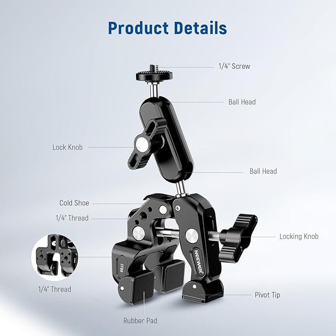 NEEWER Super Clamp with 3" Dual Ballhead Magic Arm, Camera Phone Clamp Mount with 1/4" 3/8" Threads, Cold Shoe, Phone Holder, Action Camera Adapter Compatible with GoPro DJI iPhone 16 15 Pro Max, ST88