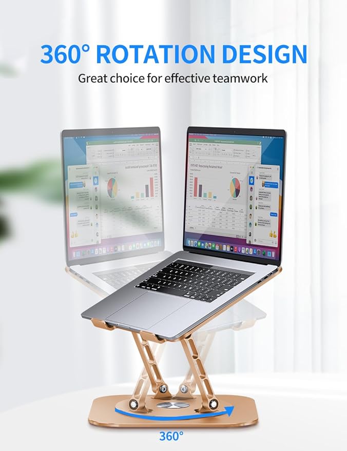 AOEVI Adjustable Laptop Stand with 360 Rotating Base, Computer Stand for Laptop Ergonimic Foldable Laptop Riser for Desk Compatible with MacBook Pro/Air Notebook up to 16 Inches, Gold