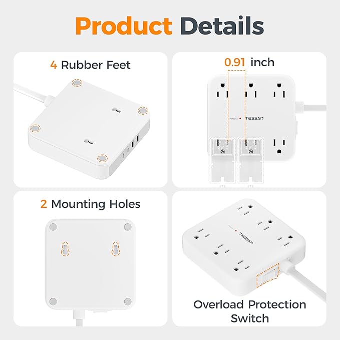 TESSAN 5Ft Grey Extension Cord with Multiple Outlets, 2100J Surge Protector Power Strip with 6 Outlets and 4 USB Ports (2 USB C), 1875W 15A, 20W Multi Outlet Extender for Home, Office, Dorm