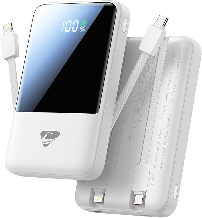 Aioneus Portable Charger, 10000mAh Power Bank 22.5W Fast Charging Portable Charger with Built in Cable Battery Pack USB C Travel Charger for iPhone11 12 13 14 15 16 Samsung GalaxyS24 S23 Android(1 Pk)