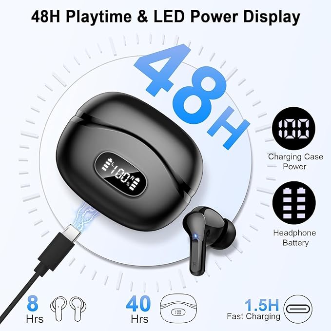 Wireless Earbuds, Bluetooth Headphones 5.4 HiFi Stereo, Ear Buds with 4 ENC Noise Cancelling Mics, 48H Bluetooth Earbuds with Dual LED Display, IP7 Waterproof in Ear Earphones for Android iOS, Black
