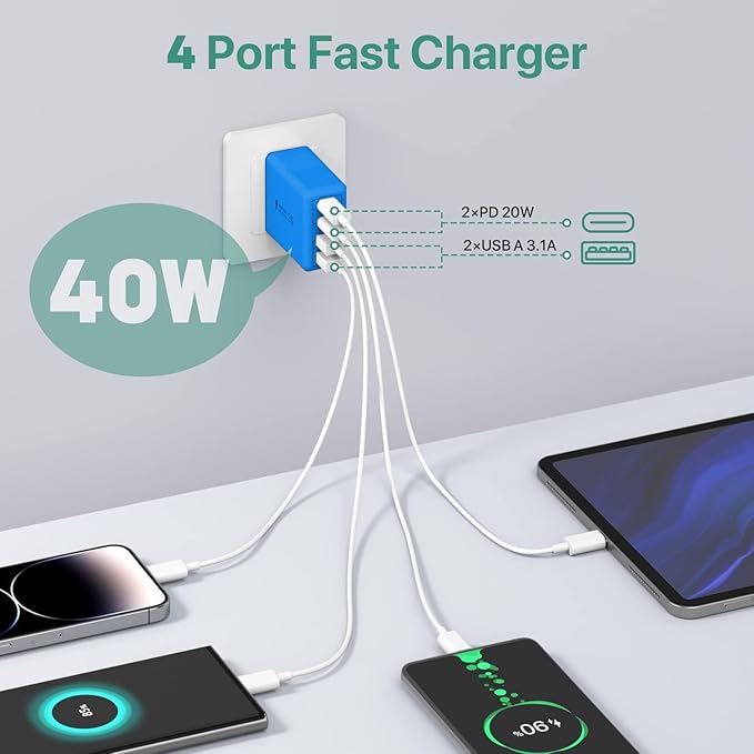 sccvee USB C Wall Charger, 40W 4-Port USB C Charger Block, Fast Charging Block Dual Port PD+QC Wall Plug Multiport Type C Compatible with iPhone 14/13/12/11/Pro Max/XS/XR/8/7, Tablet(Blue)