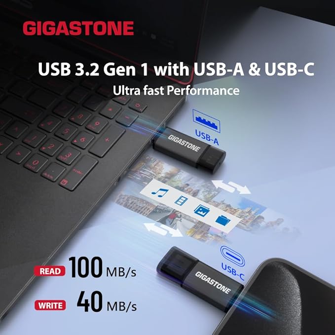 GIGASTONE 64GB Dual Flash Drive, Z40 USB 3.2 Gen 1, 2-in-1 Type-A & Type-C, 100MB/s Ultra Fast, Head Cap Design, Plug & Play for Smartphone/PC/Mac/TV/Car Audio, USB 2.0/3.0/3.1 Compatible