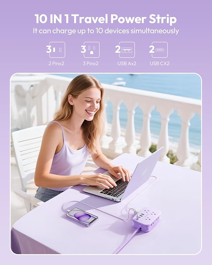 NTONPOWER Purple Travel Power Strip, 6 Outlets 4 USB Ports(2 USB C), 4ft Purple Extension Cord Wrapped Around Small Power Strip, Compact for Travel, Hotel, Cruise Approved