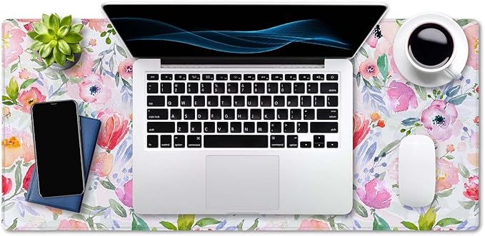 SSOIU Extended Gaming Mouse Pad (35.5x15.7 in), Large Stable Rubber Base Mousepad with Stitched Edges, Keyboard Mouse Mat Desk Pad for Work, Game, Office, Home - Watercolor Floral Botanical Pattern