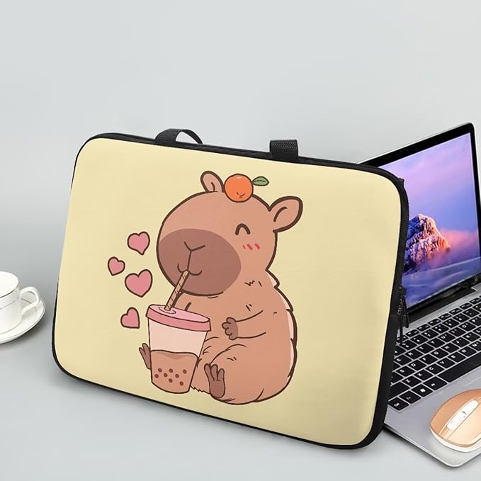 12 Inch Capybara Bubble Tea Laptop Sleeve, Protective Tablet Case with Handle, Water Resistant Zipper Computer Bag Carrying Case Notebook Cover Messenger Briefcase for Women