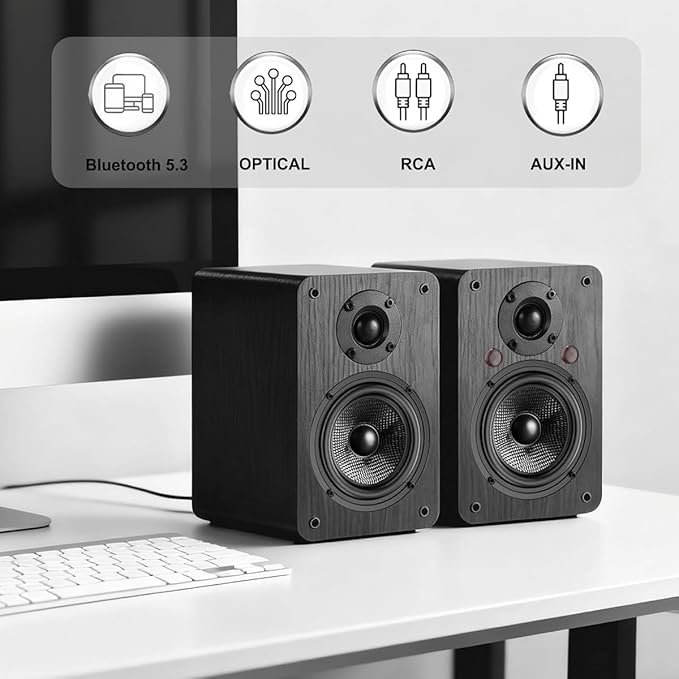 LONPOO Bluetooth Bookshelf Speakers, 60W Powered Speakers with Bluetooth/AUX-in/Optical/RCA (Black)