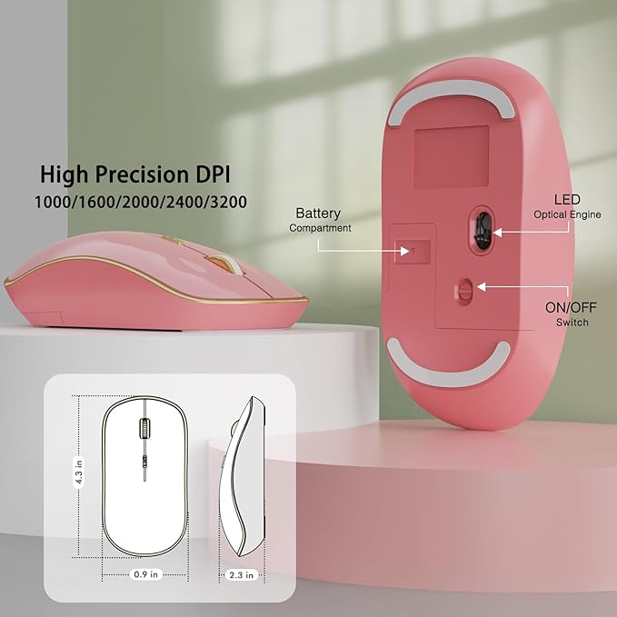 JOYACCESS Wireless Mouse for Laptop - Ultra Thin, Silent, 2400 DPI Portable Optical Mouse for Computer, MacBook, Windows, Chromebook, PC - Pink