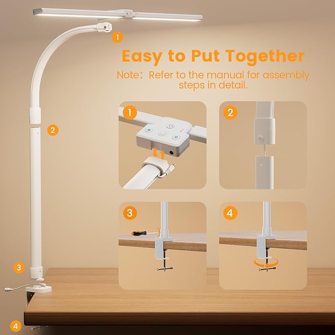 LED Desk Lamp - Bright Dimmable Computer Lamp, 24W Bendable Desk Light for Monitor Screen, Eye-Caring Tall Desktop Light for Task Home Office Work, White, Dual Head
