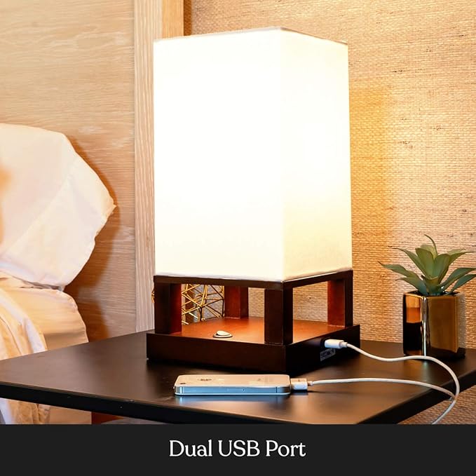Brightech Maxwell Bedside Lamp with USB Port – Compact Table Lamp for Bedroom, Living Room - Modern Asian Nightstand Lamp with Wood Frame - LED Bulb, Soft Light - Havana Brown