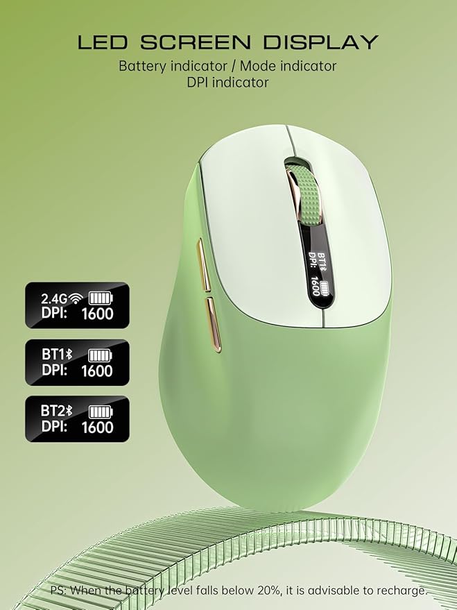 XISOGUU Wireless Bluetooth Mouse, Bluetooth 5.0/4.0 & 2.4G Tri-Mode, Type-C Rechargeable with LED Screen Display, Ergonomic Silent Click for Laptop/PC/Tablet, Multi-Device & Office Use