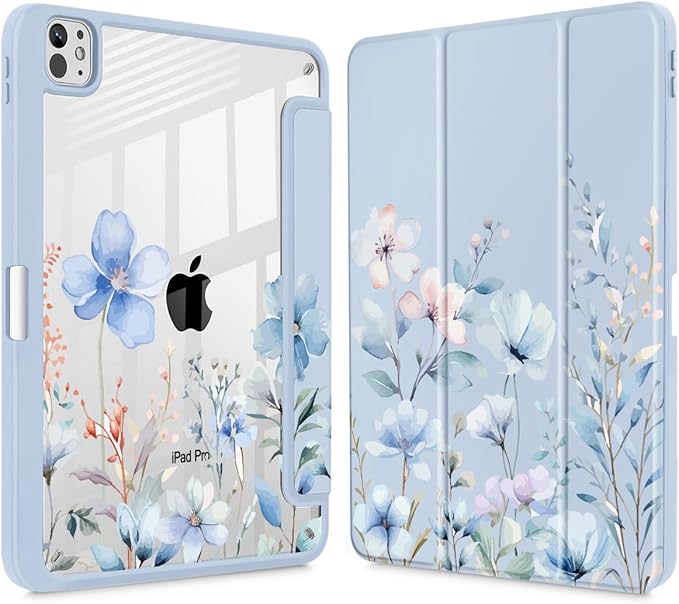 May Chen Case for iPad Pro 11-Inch M5/M4 2025/2024 (6th/5th Generation), Clear Transparent Print Back Shell Slim Stand Shockproof Tablet Cover, Auto Wake/Sleep, Blue Flowers