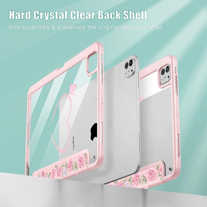 May Chen for iPad Pro 13 Inch Case M5 2025 / M4 2024, Built Pencil Holder & Clear Transparent Print Back Shell Slim Stand Shockproof Tablet Cover, Auto Wake/Sleep, Bow & Rose Flower