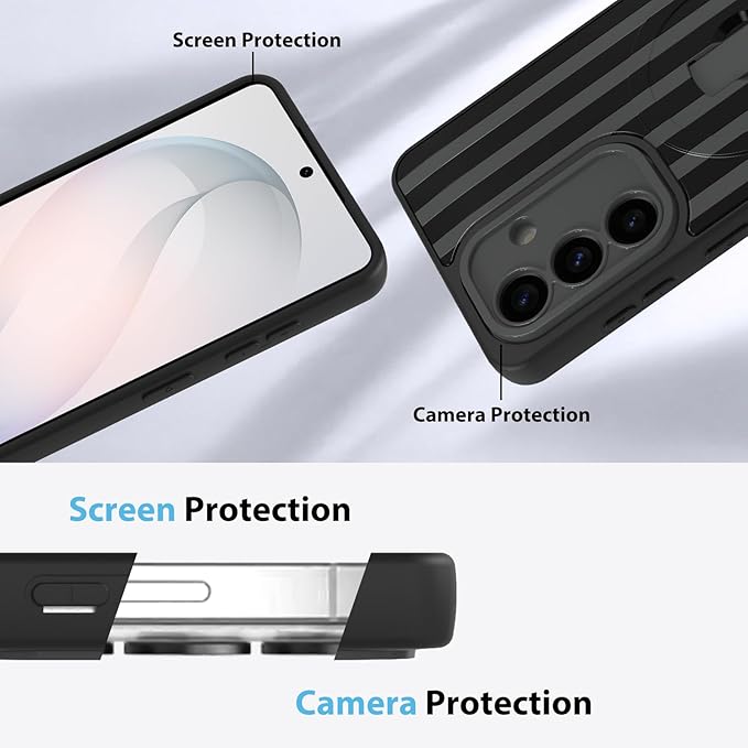 KANGHAR Compatible with Samsung Galaxy S26 Case, Support for MagSafe, Silicone Stripes Cute Pattern, Wristband Kickstand Camera Protection Soft Slim Cover for Girls Women -Black