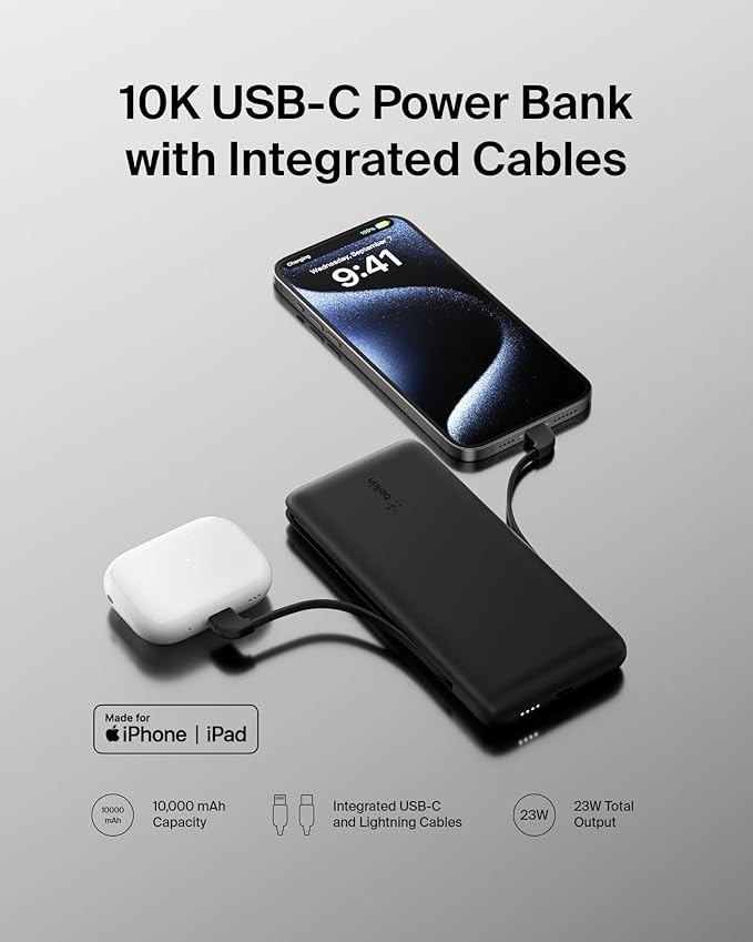 Belkin Portable Charger Power Bank for iPhone/Android (10,000mAh), 23W Battery Pack with Integrated USB-C, Lightning Cables, Pass-Through Capability, Charge 2 Devices at Once, Phone Charger Power Bank