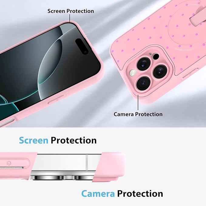 KANGHAR Compatible with iPhone 16 Pro Max Case, Support for MagSafe, Silicone Spot Cute Pattern, Wristband Kickstand Camera Protection Shockproof Soft Slim Cover for Girls Women, Pink