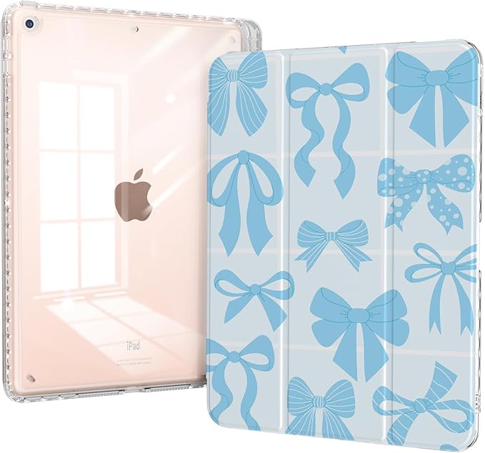Case for iPad 9th/8th/7th Generation 2021/2020/2019, iPad 10.2 Inch Case with Pencil Holder, Trifold Stand Slim Shockproof Clear Back Cover, Auto Wake/Sleep, Blue Bows
