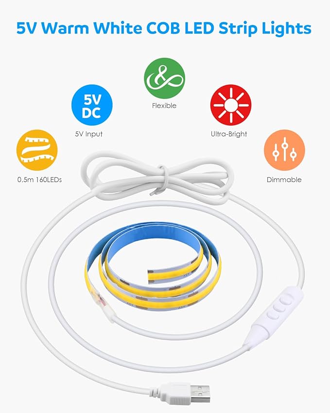 Aclorol DC 5V USB COB LED Strip Light 1.64FT/0.5M Dimmable LED Strip Light 3000K Warm White with 1.5M Long Power Cable Flexible for Bedroom Bedframe Headboard Kitchen Home DIY Lighting 320LEDs/M