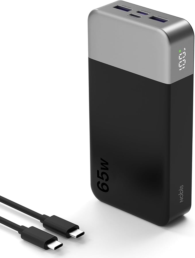 NOBIS Portable Charger, 65W 20000mAh Power Bank Fast Charging PD QC, 2 USB-C(in/Out) & 2 USB-A Battery Pack with Digital Display for Laptop Phone 17 Tablet Earbuds